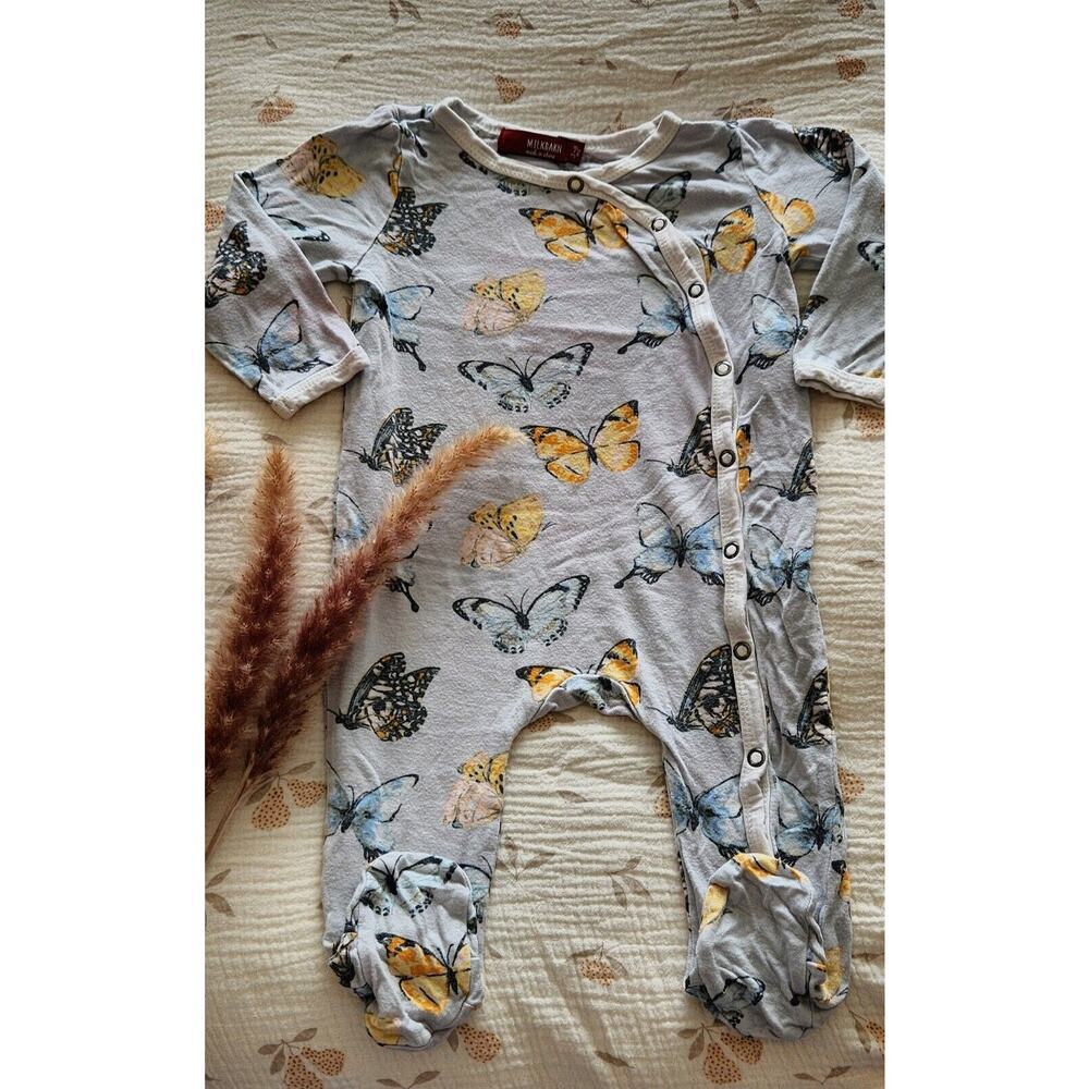 Milkbarn Bamboo Ruffle‎ Zipper Footed Romper - Butterfly Blue Size 3-6 months